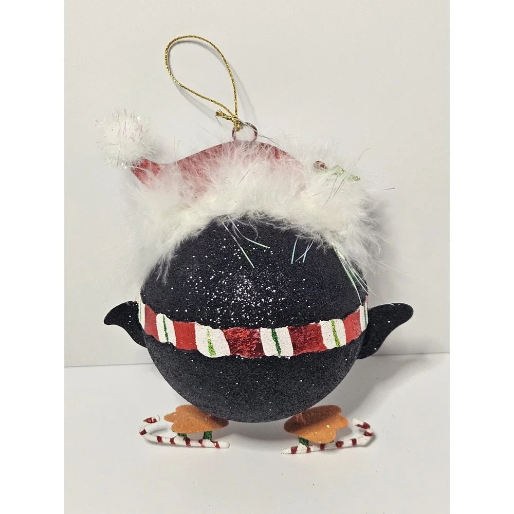 Pier 1 Imports Glitter Penguin Ball Ice Skates Christmas Ornament Fluffy Santa